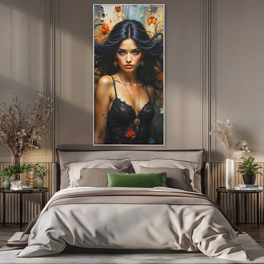 Tablou canvas cu tablou canvas cu portret de femeie par negru fluturi si frunze, in rama de aluminiu argintiu, pe perete intr-un dormitor